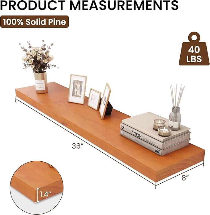 Light Brown Floating Wall Shelves 36 Inches Long x 8”x 1.4” Shelf Floating Rustic Farmhouse Decor, Heavy Duty Shelf Hold 80 lbs, Wall Shelves for Bathroom Living Room Kitchen Bedroom Office