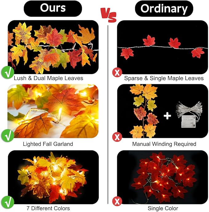 Ouddy Decor 2 Pack Fall Garland with Lights Decorations Maple Leaves Fall Lights Total 20 Ft 60 Led Mixed Color Battery Operated for Indoor Outdoor Autumn Harvest Thanksgiving Halloween Fall Decor