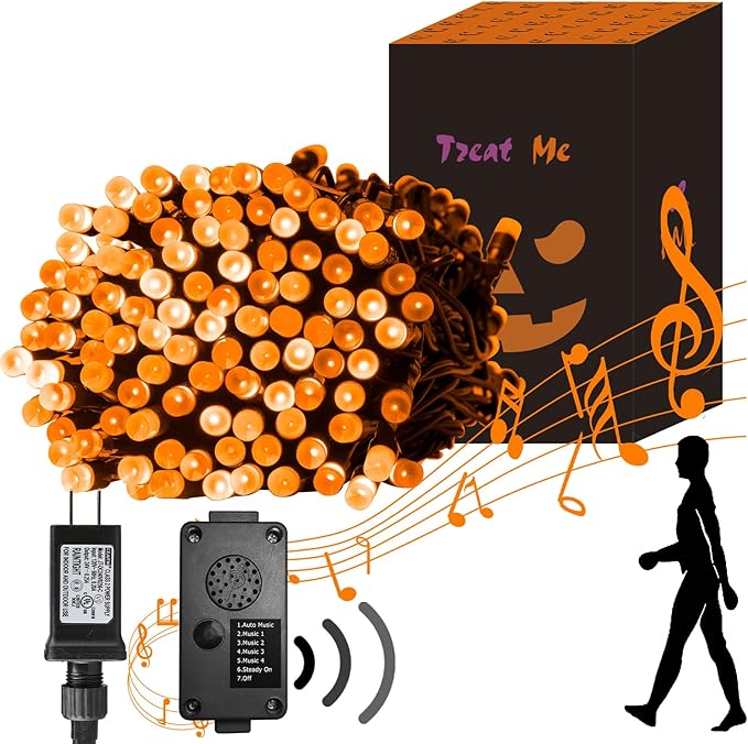 PEIDUO Halloween Lights, 82 FT 200 LED Orange String Lights, Motion Sensor Halloween Decorations, Twinkle Fairy Lights with Spooky Music for Outdoor Decor, Party Yard Indoor Outside Decoration