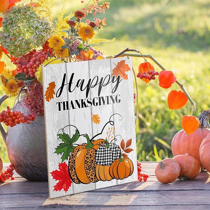 UDNADKEX Happy Thanksgiving Decorations Hanging Sign, Thanksgiving Decor Rustic Buffalo Plaid Pumpkin Wooden Wall Sign Decorations