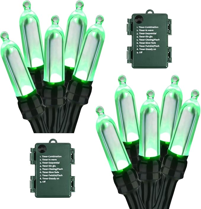BrizLabs Green String Lights, 17.94ft 50 LED Christmas Lights, 8 Modes Battery Green Xmas Lights Indoor/Outdoor, Mini Decorative Holiday Light String Green Wire for Christmas Party Home Decor