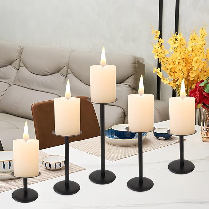Set of 7 Metal Black Candle Holders, Assemblable Pillar and Taper Candlesticks, Halloween Fall Thanksgiving Day Dining Table Centerpieces Decor, Mantle Fireplace Candle Sticks Decorations