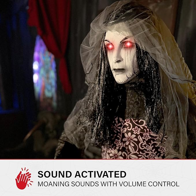 Haunted Hill Farm Rising Ghost Bride by Tekky, Battery-Operated, Sound Activated Animatronic with Sound Effects and Lights for Indoor or Covered Outdoor Creepy Halloween Decoration