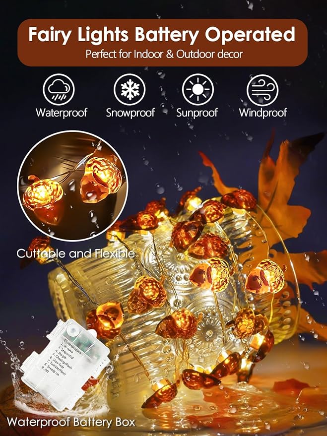 Fall Decorations Acorn Fairy Lights Battery Operated with Remote & 8 Modes & Timer, 10ft 30LED Acorn Fall Lights String Harvest Decoration Outdoor Indoor Light for Garland Halloween Thanksgiving Decor