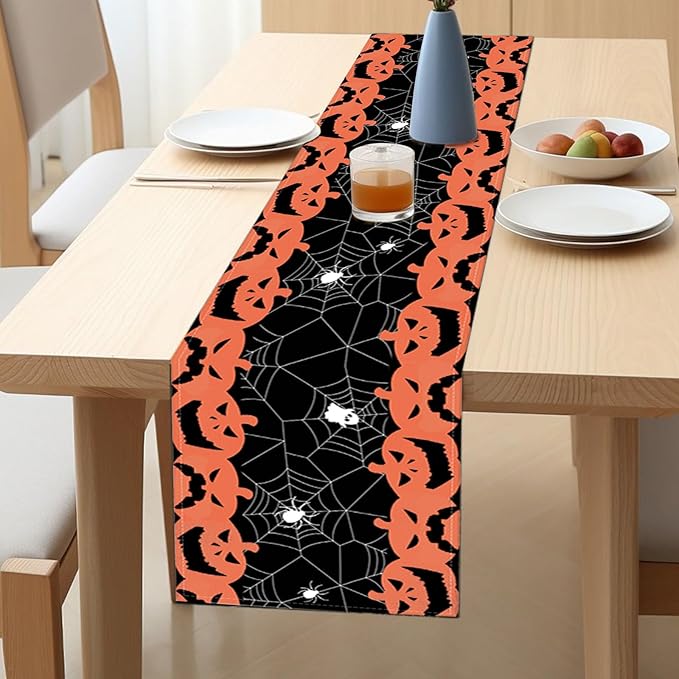 Halloween Long Table Runner Black and Orange Pumpkin Spider Web Table Linen Runner Kitchen Dining Table Runner Halloween Table Decoration for Holiday Indoor Outdoor Home Party Decor 13 x 72 Inch