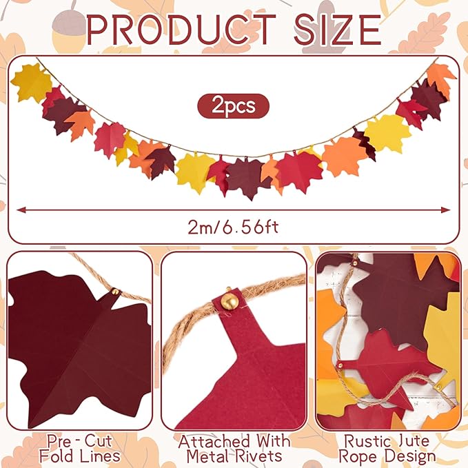 2 Pcs Fall Decorations for Home, Fall Leaves Garland for Mantel, Fall Party Thanksgving Decorations Indoor