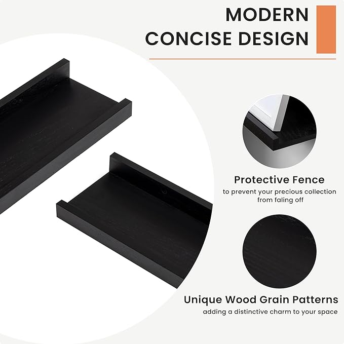 Solid Ash Wood Floating Shelves, Wood Picture Ledge Shelf Set of 2, 48 Inch Long Large Photo Ledge Shelves, Nursery Book Shelves Wall Mounted for Living Room Kids' Bedroom Decor, Black