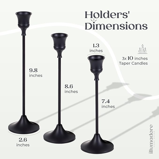 Black Candlestick Holders | Set of 3 | Metal with Matte Finish | 3 Different Sizes | Taper Candles Included | Decorative Centerpiece for Wedding, Christmas, Fireplace Mantel, Dining Table