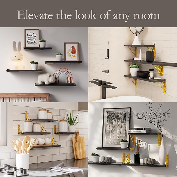 BAYKA Floating Shelves for Bedroom Decor, Wall Shelves for Storage, Wall Mounted Rustic Wood Floating Shelf for Books,Corner Shelf for Bathroom,Kitchen,Living Room(Black and Gold，Set of 4)