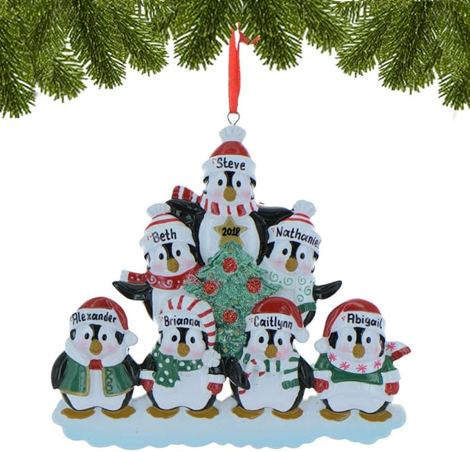 3D Penguin Family of 7 Ornament 2025 Personalized Family Christmas Ornaments 2025 | Snowy Tree Holiday Penguins Personalized Tree Ornaments for Grandchildren Siblings & Grandkids of Seven Ornament