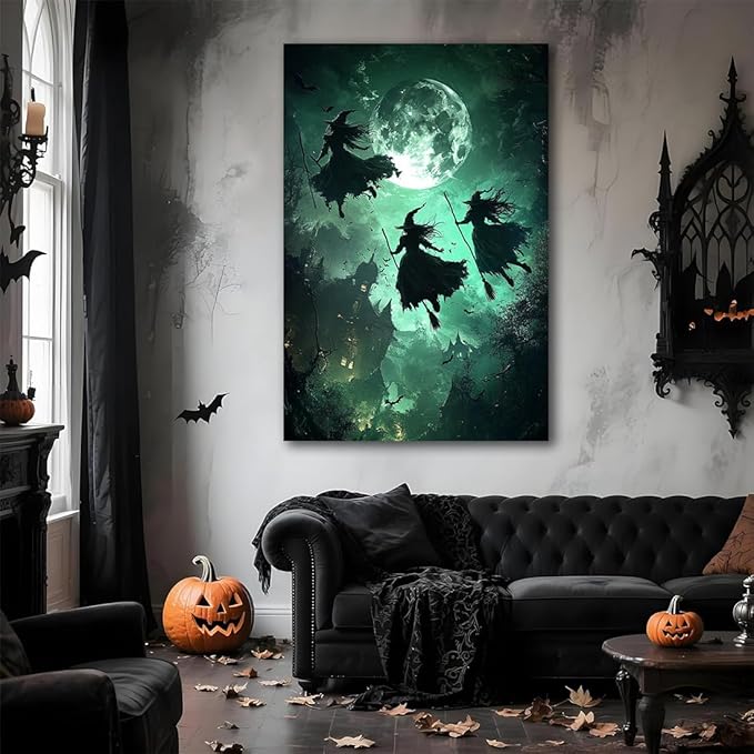 Flying Three Witches Halloween Canvas Wall Painting,Witches on Broom Under Full Moon Castle Victorian Decoration Haunted House Retro Poster for Living Room Bedroom Gallery,12"x18" Framed