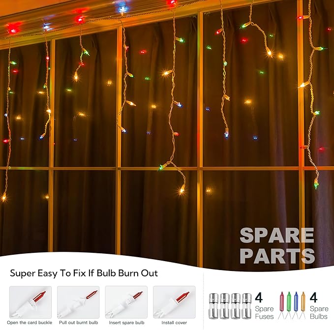 Icicle Christmas Lights Outdoor,23FT 200 Count Multicolor Icicle Lights Indoor with White Wire,Waterproof Connectable Icicle String Light for Holiday Home Garden Window Party Wedding Decor
