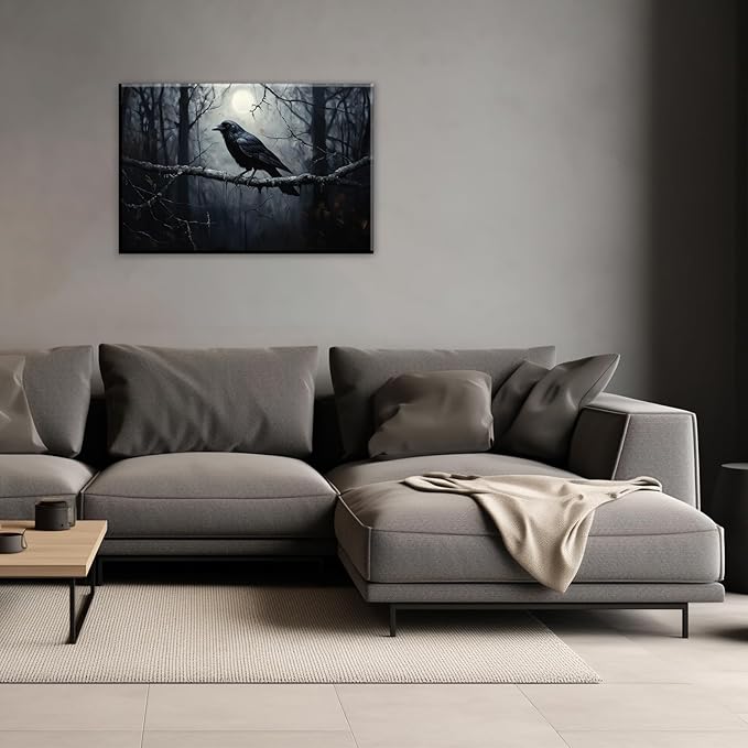 OAAPITI Crow Canvas Wall Art Black Crow Stand On The Branch Picture Print Moonlit Night Poster Vintage Forest Landscape Painting Artwork Living Room Halloween Decor(Artwork-1,24"x36")