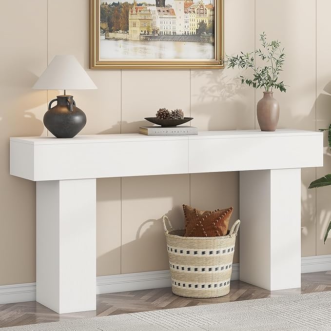 63 Inch Long Console Table for Entryway, Farmhouse Wood Rectangular Sofa Table Behind Couch Table, Narrow Entryway Table for Living Room, Entrance, Hallway, Foyer, Easy Assembly (Classic White)
