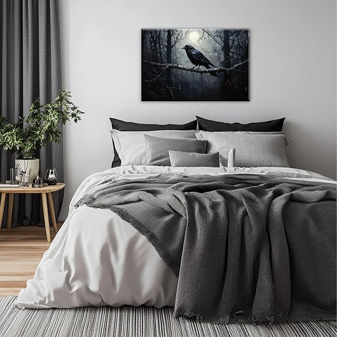 OAAPITI Crow Canvas Wall Art Black Crow Stand On The Branch Picture Print Moonlit Night Poster Vintage Forest Landscape Painting Artwork Living Room Halloween Decor(Artwork-1,28"x42")