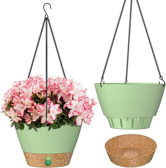 ZMTECH 8 Inch Hanging Planters for Indoor Plants, Hanging Baskets for Plants Outdoor with Visible Water Level, Hanging Flower Pots with Drainage Holes & Removable Tray(2 Pack, Green)