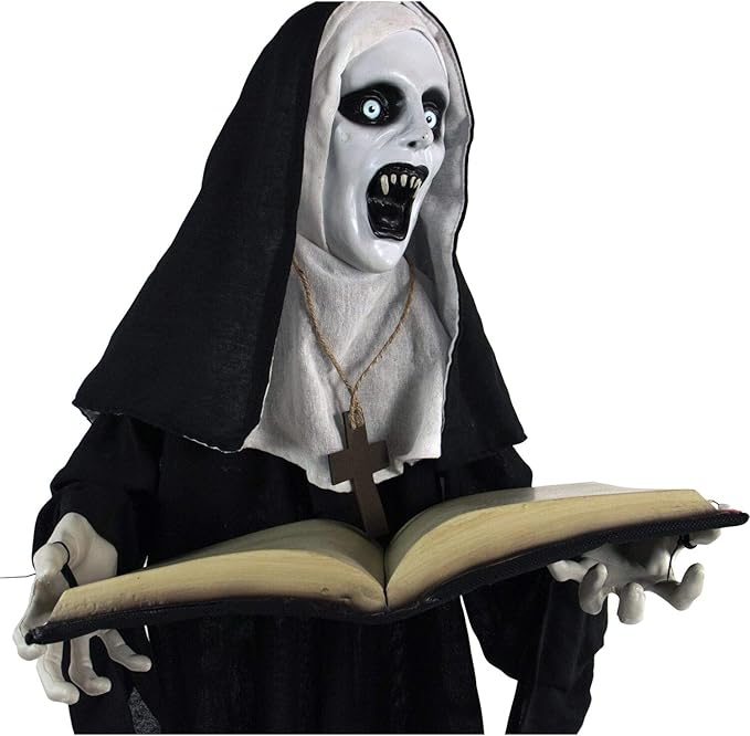 Haunted Hill Farm Life-Size Scary Talking Witch Nun Halloween Animatronic with Touch Activated Lights and Sound, Poseable, Battery Operated Indoor or Covered Outdoor Creepy Halloween Decorations