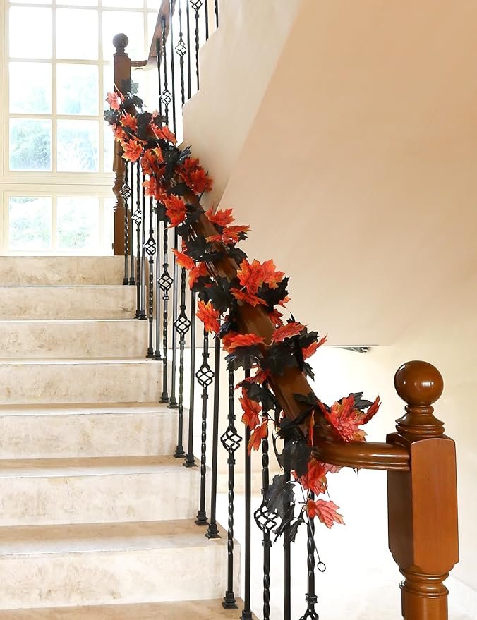 Joyhalo 5 Pack Fall Garland, Halloween Leaves Garland, Black Outdoor Leaf Vine for Mantle, Door Frame,Fireplace and Thanksgiving Decor