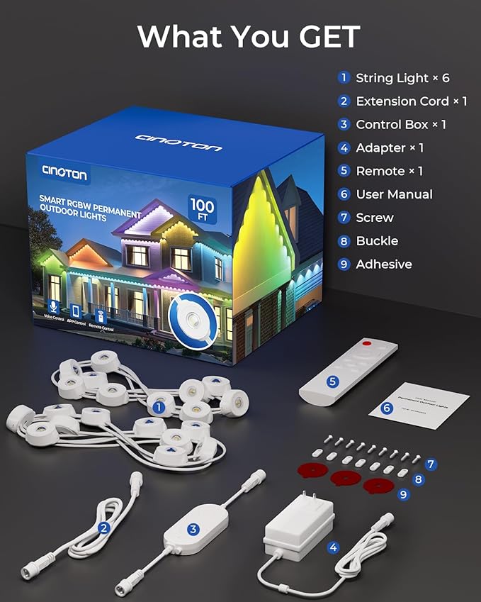 CINOTON Permanent Outdoor Lights 100ft, Smart RGBW Eaves Lights with 72 LEDs, IP67 Waterproof, 111 Scene Modes for Daily and Festival, Halloween Christmas Party Holiday Decor, APP/Voice/Remote Control