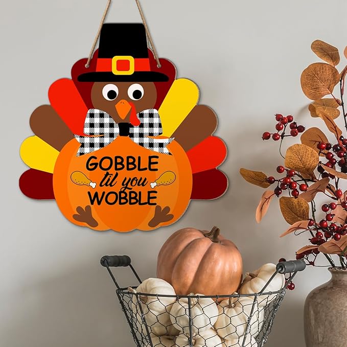 Thanksgiving Turkey Wooden Sign Wall Decor, Gobble Til You Wobble Thanksgiving Fall Welcome Wood Hanging Door Signs Decorations for Home Office Kitchen Front Door