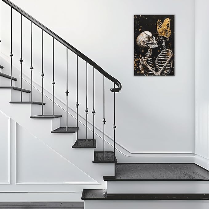 OAAPITI Skull Wall Art Skull and Gold Butterfly Canvas Print Abstract Modern Gothic Artwork for Bedroom Dark Art Decor(Artwork-7,16"x24")