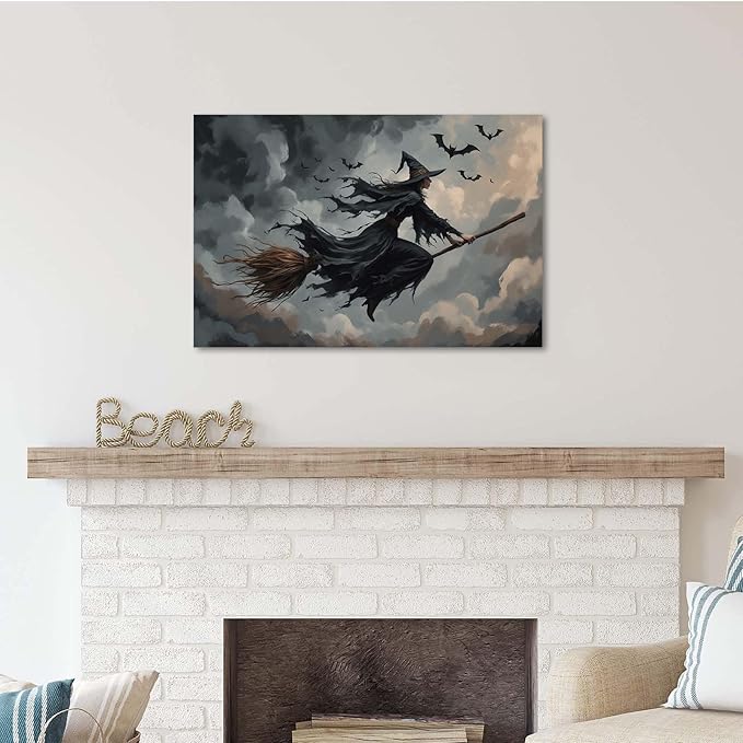 Witch and bat flying Halloween poster suitable for home party wall decoration retro Halloween preppy style wall art canvas print suitable for room decoration20x30in Wood Framed