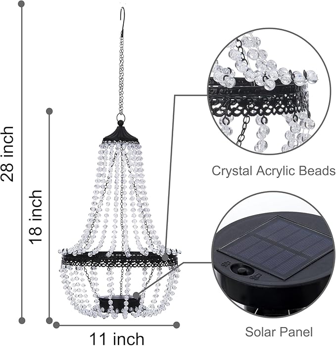 Hanging Solar Chandelier Outdoor, 30 Cool White Lights Acrylic Clear Beaded Chandelier with S Hooks Modern Lantern for Garden Yard Patio Gazebo Decorations, 28”H