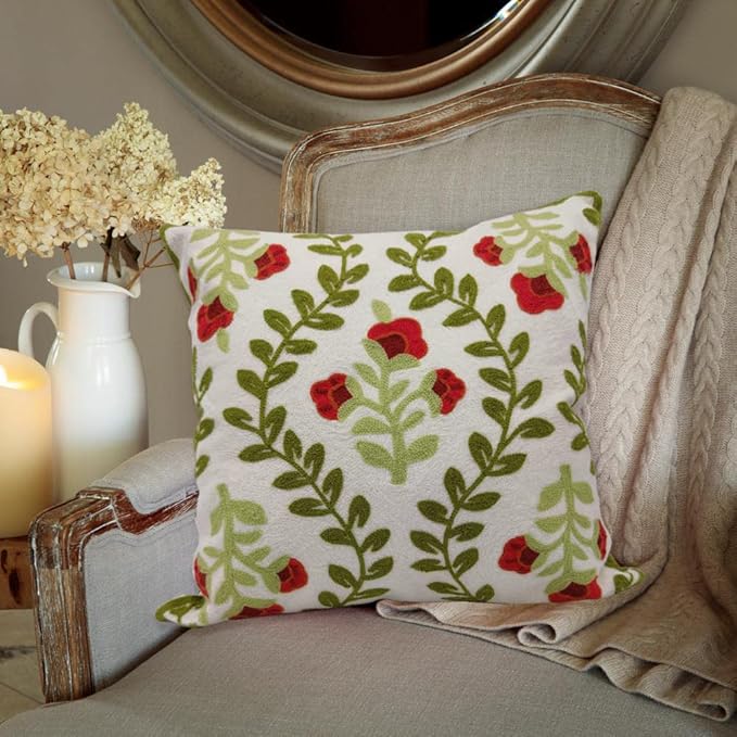 Alysheer Floral Embroidered Summer Decorative Throw Pillow Cover 18"x 18", Farmhouse Cottage Red Flowers Green Leaves Knit Pattern Cotton Canvas Cushion Case for Sofa Couch Bed Living Room Decor