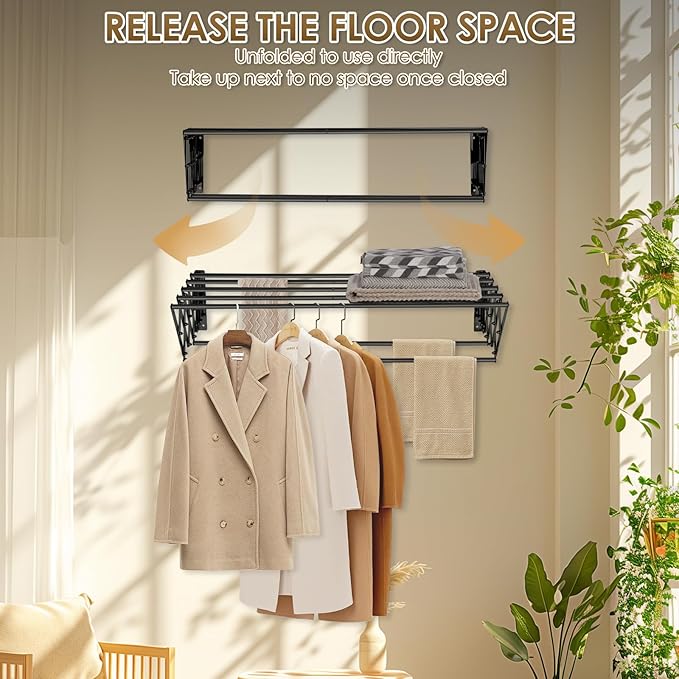 XL-31.5'' Wall Mounted Clothes Drying Rack, 130 lbs Large Capacity Rustproof Retractable Collapsible Drying Rack Easy Install with 7 Drying Rods, Space Saving Towel Clothes Rack for Laundry-Black