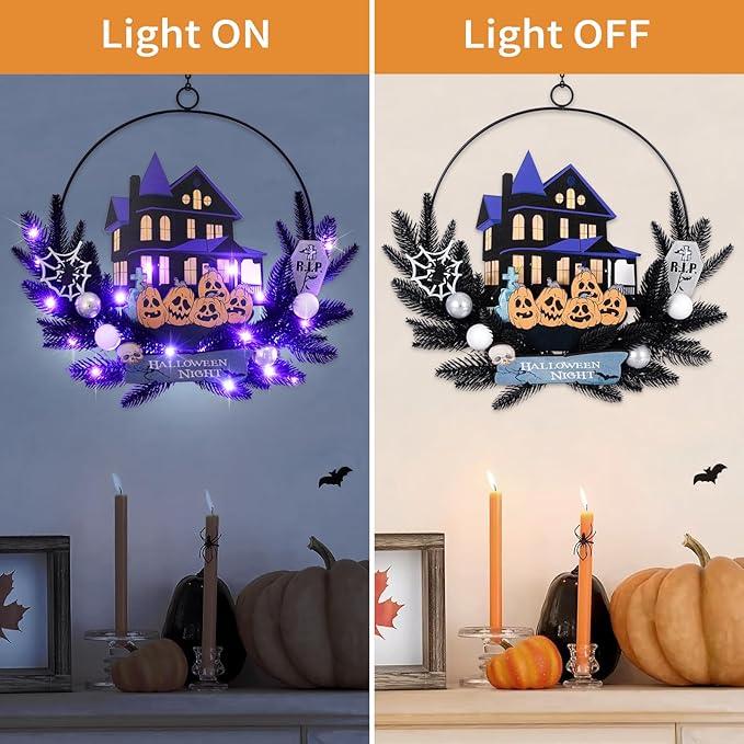 Lighted Halloween Wreaths for Front Door, Welcome Metal Wooden Door Wreath Decor Hanging Sign, 30 LED Lighted Wall Decor Battery Operated for Halloween Indoor Outdoor (Pumpkin)