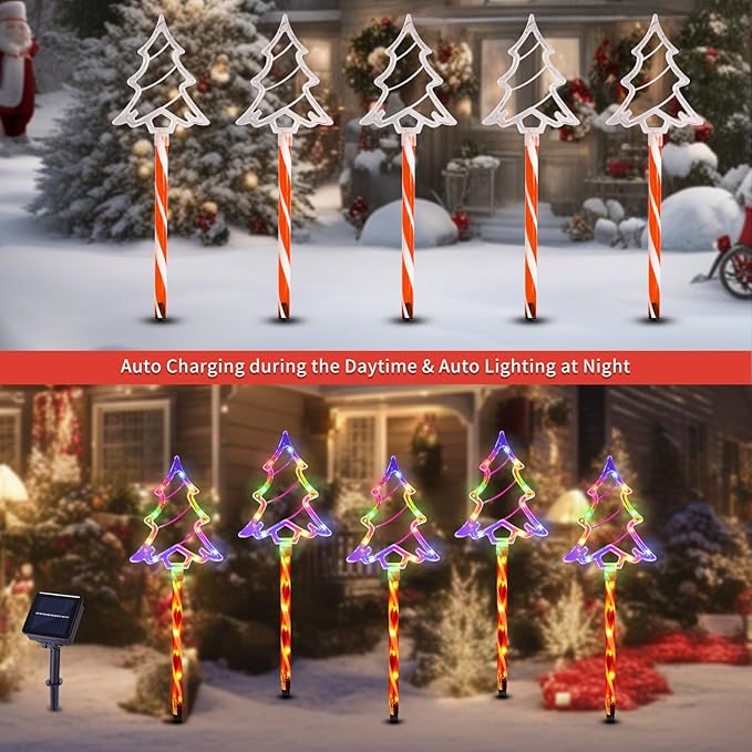 Christmas Solar Pathway Lights Outdoor Decorations， 8 Modes Xmas Tree Candy Lights Waterproof Led Garden Stake Light for Walkway Yard Lawn Porch Holiday Decor 5-Pack (Multicolor Tree, 10 Pack)