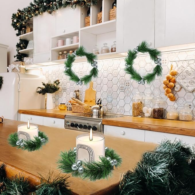 4pcs Christmas Candle Rings Wreaths Artificial Silver Berries Greenery Pine Needles Garland Christmas Wreath Candle Rings Holder for Wedding Christmas Table Centerpiece Home Dinner Table Décor