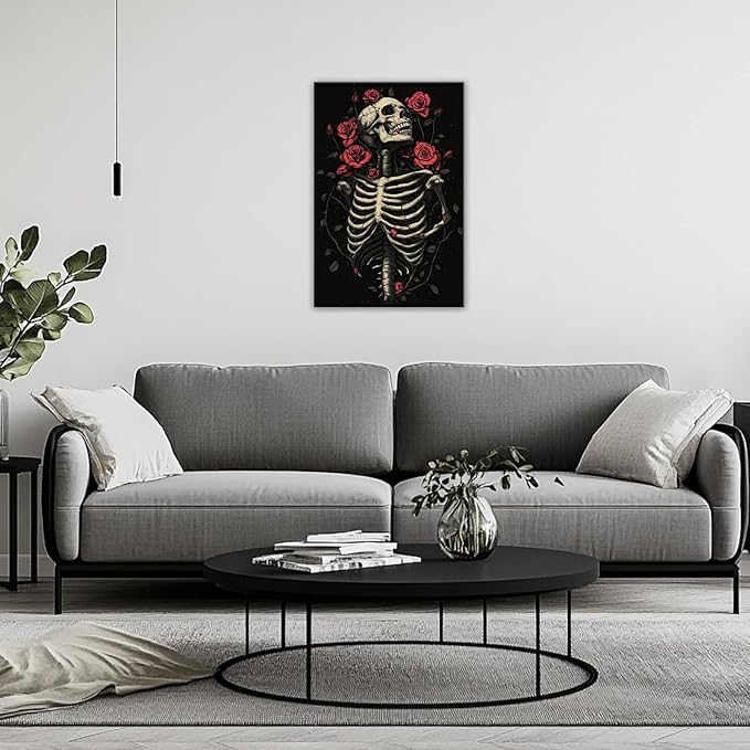 OAAPITI Gothic Skull Wall Art Skeleton and Roses Canvas Pictures Print Vibrant Dark Art Decor for Bedroom Living Room Bathroom(Artwork-6,28"x42")