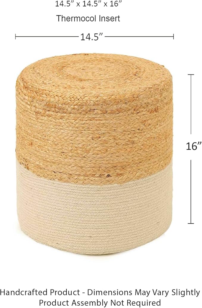 REDEARTH · Cylindrical Pouf Foot Stool Ottoman - Jute Braided Accent Sitting Footrest for The Living Room, Bedroom, Nursery, Patio, Lounge Set of 2 (14.5”x14.5”x16”; Natural Ivory)