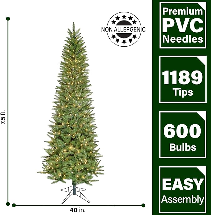 Fraser Hill Farm 7.5-Ft. Winter Falls Artificial Christmas Tree with Warm White LED Lights and Metal Base, Slim Holiday Tree with 8 Unique Light Functions, Perfect for Small Spaces and Apartments