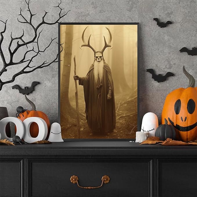 Skeleton Halloween Decor Occult Druid of the Forest Poster Canvas Wall Art Vintage Spooky Print Gothic Room Decor Dark Academia Decorations Bedroom Creepy Skull Picture 12X16inch Aluminum Framed