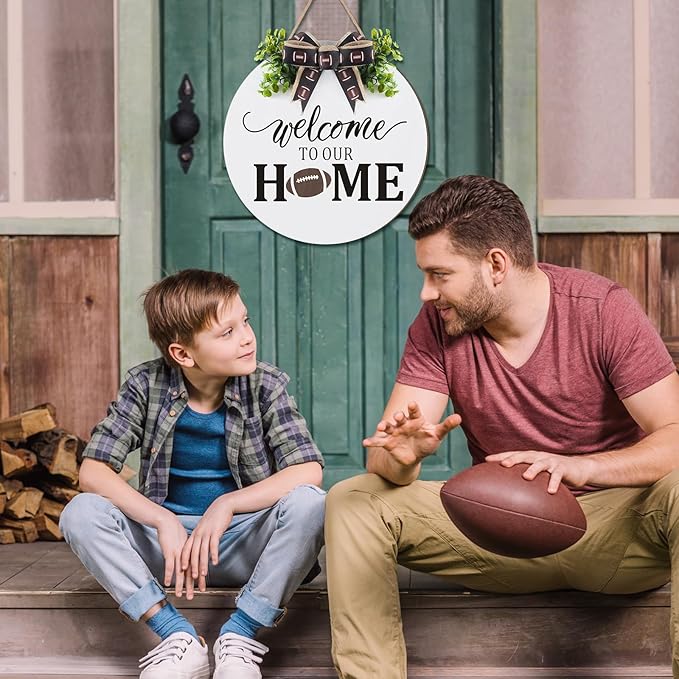 Hello Fall Football Sign for Front Door Thanksgiving Wooden Hanging Sign Fall Welcome Wreaths with Bow Turkey Farmhouse Wall Decoration for Home Autumn Harvest Front Porch Decor(Home)