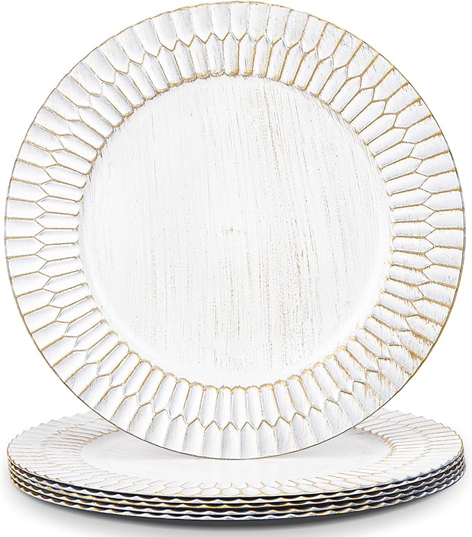 13" White Chargers for Dinner Plates, Decorative Charger Plates, Plastic Charger & Service Plate 6 Pack Table Setting Bulk Wedding, Thanksgiving, Festival