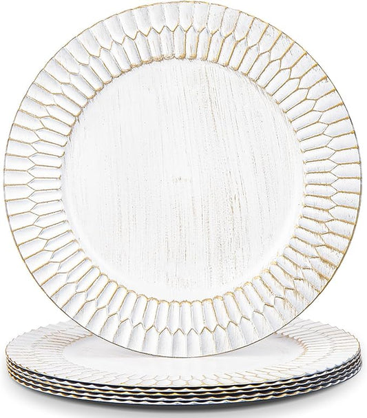 13" White Chargers for Dinner Plates, Decorative Charger Plates, Plastic Charger & Service Plate 6 Pack Table Setting Bulk Wedding, Thanksgiving, Festival