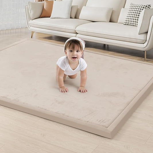 ACOMOPACK Baby Play Mat for Floor 1.3" Thick Memory Foam Play Mat 79"×157 Tummy Time Crawling with Non-Slip Bottom for Living Room,Nursery,Soft Velvet Playpen Mats for Kids,Infants（Beige）