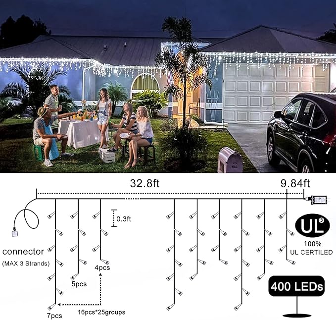Icicle Christmas Lights Outdoor - 33ft 400 LED Icicle Lights for Outside with 75 Drops Waterproof Plug in Fairy String Lights with Timer for Party, Holiday, Wedding, Christmas Decoration, Cool White