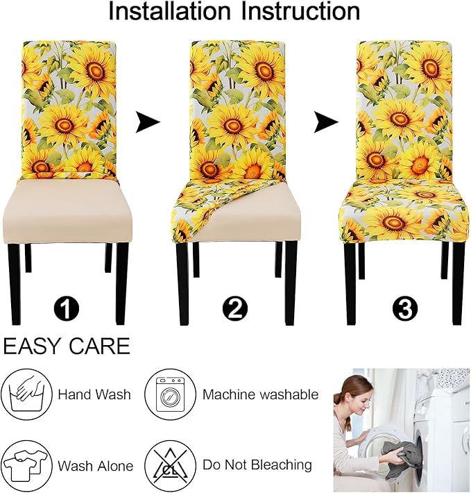 JQinHome Pattern Chair Covers for Dining Room Set of 6, High Stretch Removable Washable Parsons Chair Slipcover for Home Party Hotel Wedding Ceremony (Sunflower,6PCS)