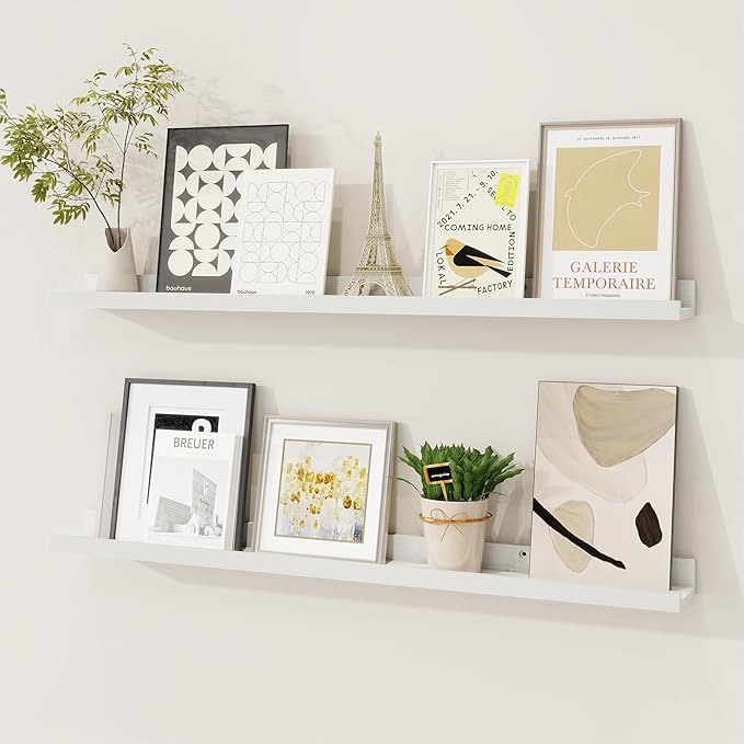 Picture Ledge Shelf, Solid Pine Wood Floating Shelves Set of 2, 32 Inches Nursery Book Shelves for Toys Storage, Kids Bookshelf Wall Mounted for Living Room Bedroom Decor Books Photo Frames, White