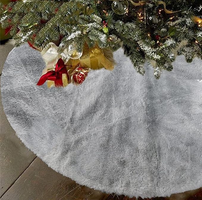 AISENO 48 Inch Christmas Tree Skirt Faux Fur Grey Bright Silk Shiny Decoration for Christmas Tree Plush Merry Christmas Decorations Decor