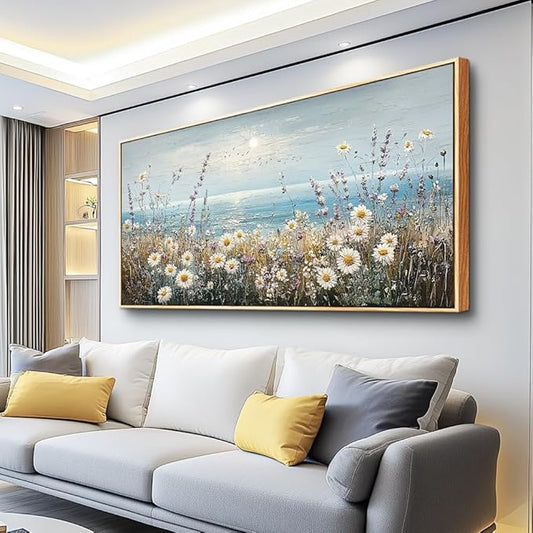 PHAOHUAXM Large Canvas Printing Artworks Mural Wall Decor For Living Room Wall Art For Bedroom Office Decor Blue Ocean Paintings Flowers Watercolour Wall Pictures Home Decor Wood Framed 30x60 In