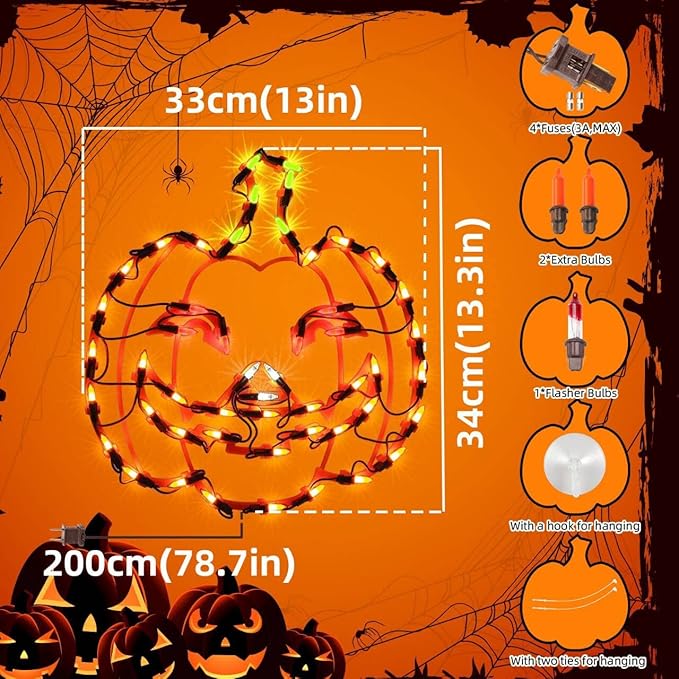 13.3" Lighted Jack-O-Lantern Halloween Window Silhouette Decoration,Halloween Lighted Window Decoration,Hanging Light Up Holiday Ornament( Pumpkin Light)