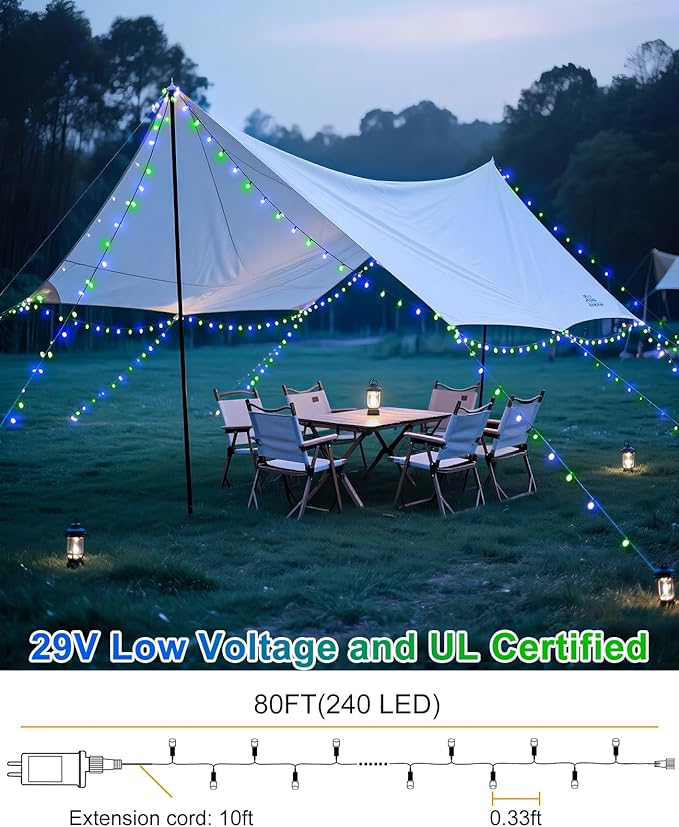 80FT 240 LED Christmas Lights Outdoor, Plug in Christmas Tree Lights with Waterproof 8 Modes, Connectable Green Wire String Twinkle Light for Indoor Home Garden Party Holiday Decorations, Blue Green