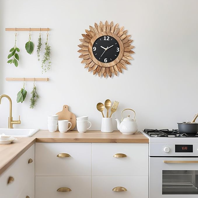 Honiway 14 Inch Wall Clock, Rustic Wood Boho Sunburst Decorative Wall Clocks Battery Operated Silent Non Ticking Farmhouse Small Wall Clocks for Living Room Kitchen Bedroom Home Decor (Rustic Brown)