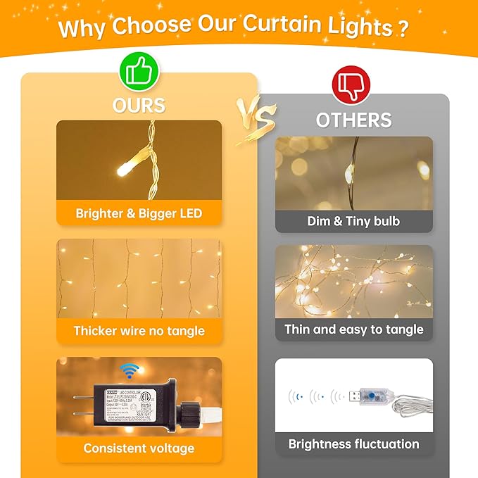 HEYFUNi 304 LED Curtain Lights Outdoor, 9.8Ft*9.8Ft Hanging String Lights Plug in with 8 Modes, Connectable Curtain Fairy Lights for Bedroom, Dorm, Christmas, Wall, Backdrop, Wedding Decor, Warm White