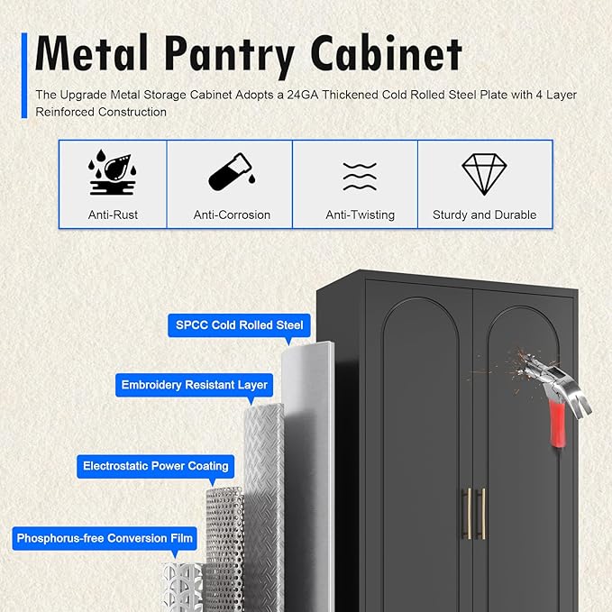 Black Pantry Kitchen Cabinet with Drawer, 75 Inch Metal Storage Cabinet with Doors and Shelves, Steel Food Pantries, Large Freestanding Cupboard for Living&Dining Room-Assemble Required